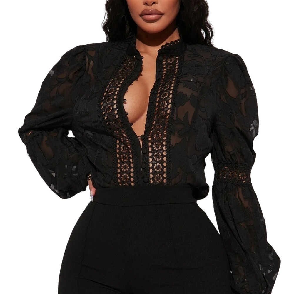 Fashion‎ Nova Black Burnout Floral Lace Trim Puff Sleeve Blouse Womens M Goth